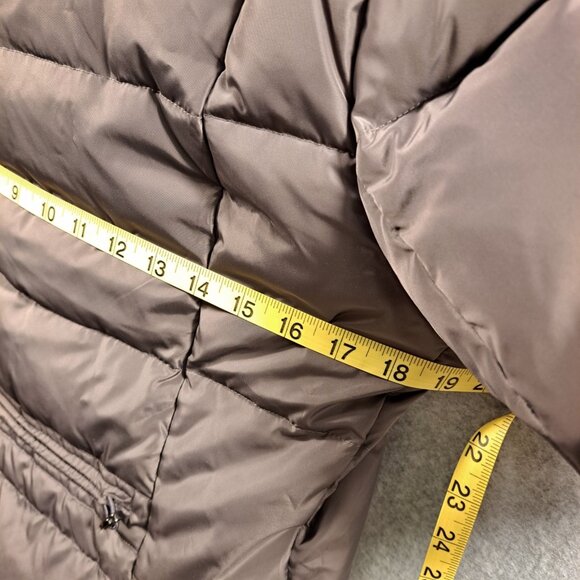 Cole Haan Down Puffer Coat M Brown Quilted Maxi Signature Hooded Full Length Zip - Picture 7 of 14